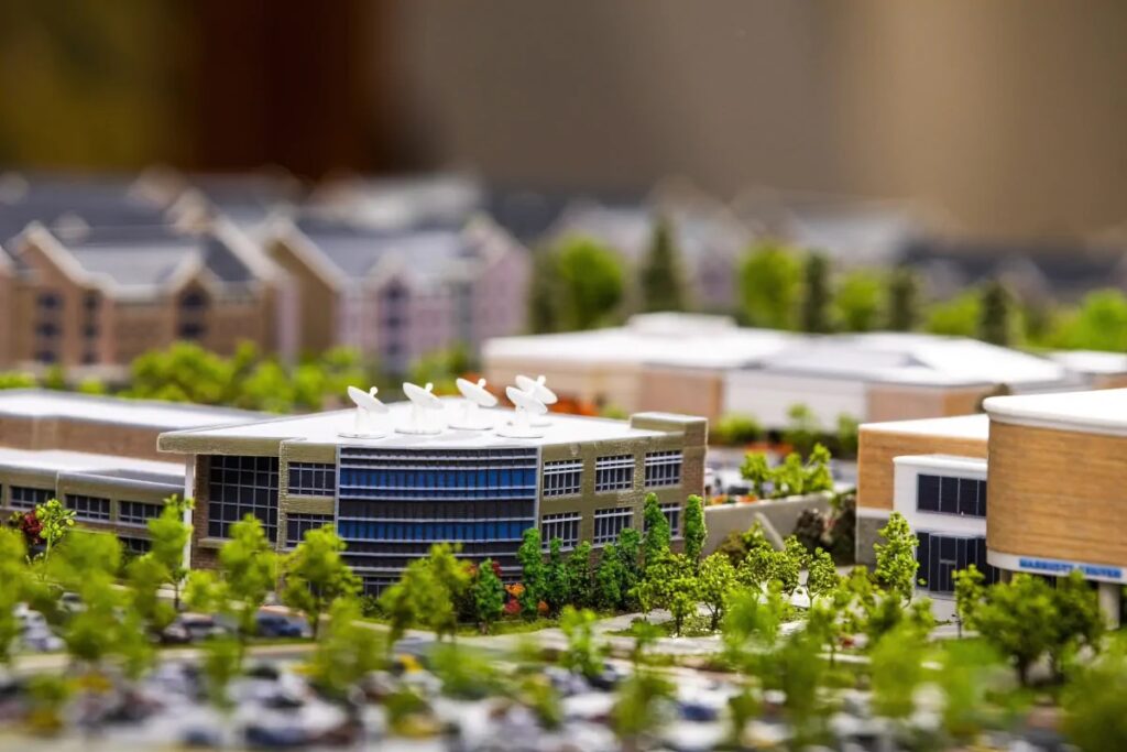 Small diorama model of the BYU Broadcasting building