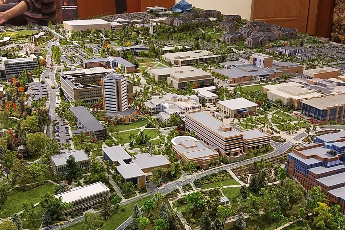 A massive 3D diorama model of the Brigham Young University campus in the Gordon B. Hinckley Alumni and Visitors Center in Provo