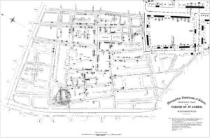 Dot map visualization of cholera deaths in 1854