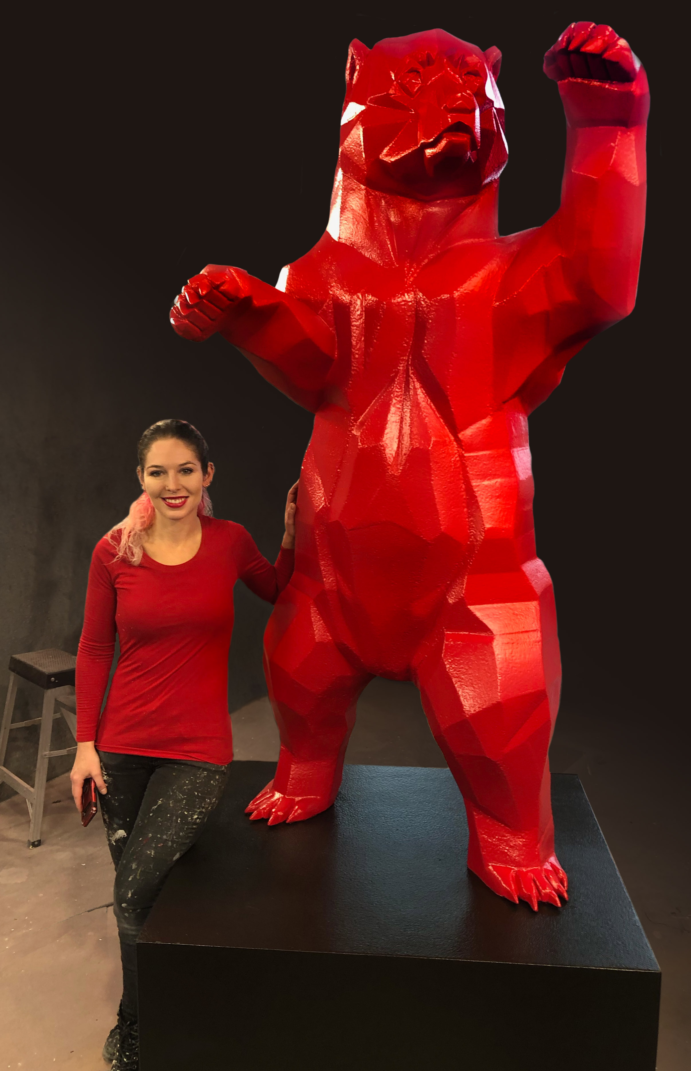 Seventy-two-inch 3D geometric foam bear statue fabricated with a durable hard coat.