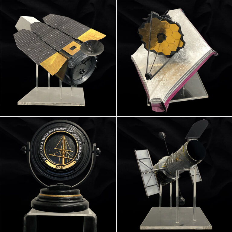Custom hubble, Roman and Webb Telescope Models and the MAST Logo for the Space Telescope Science Institute.
