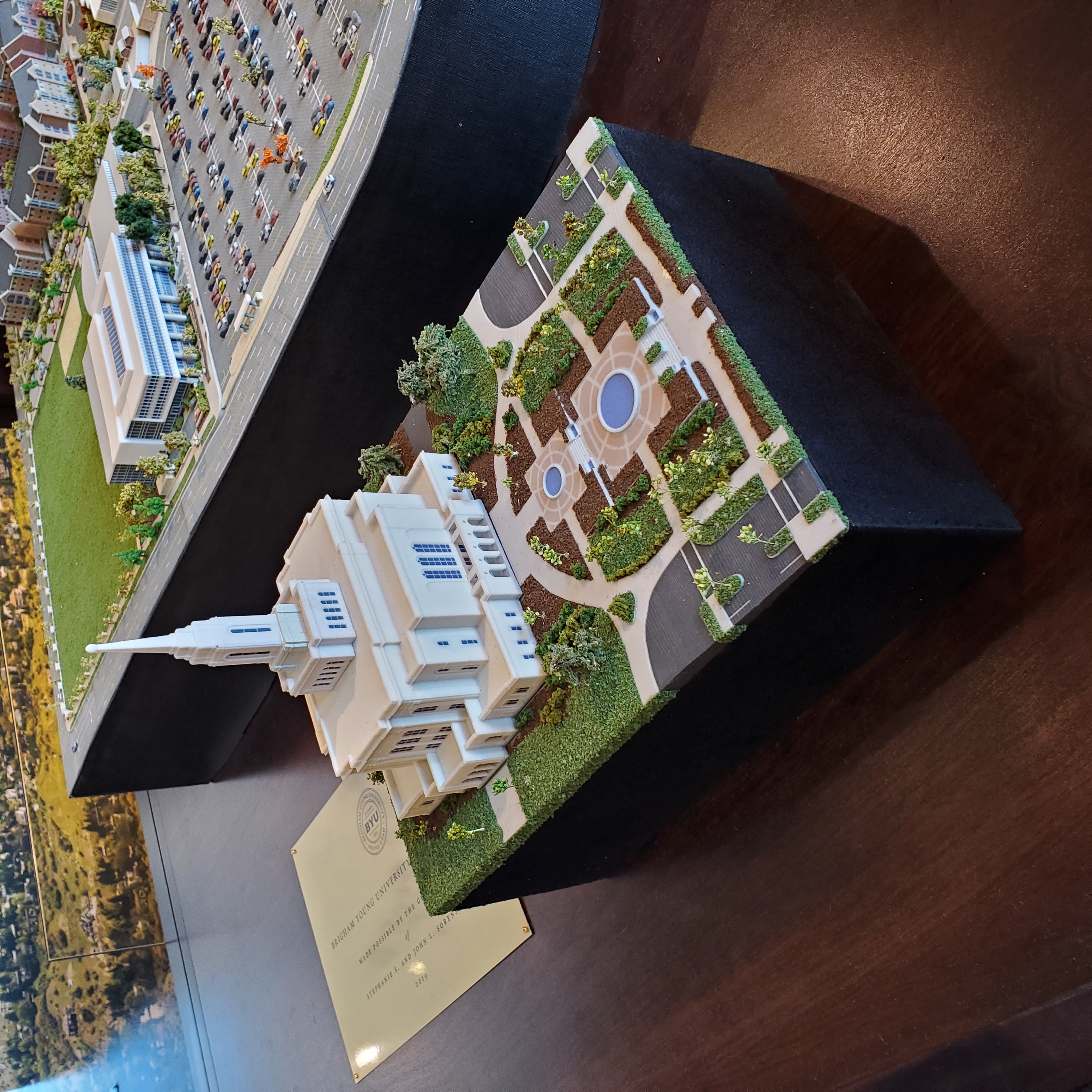 Detailed architectural presentation model of the Provo temple and surrounding grounds.