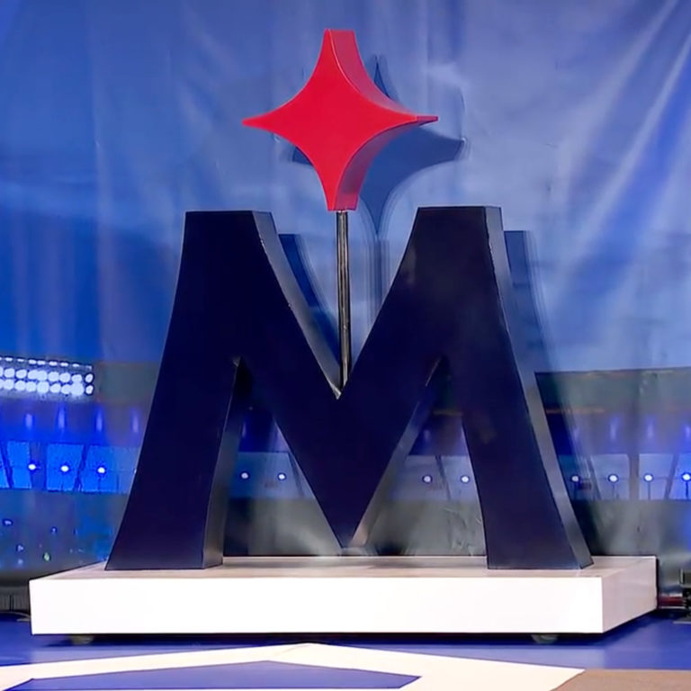 Five-foot Minnesota Twins metal logo display fabricated in collaboration with MNFX for the team's brand unveiling.