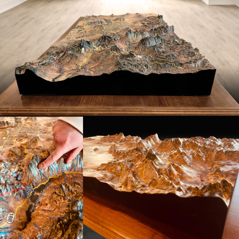 Extreme elevation 3D-printed topo map model