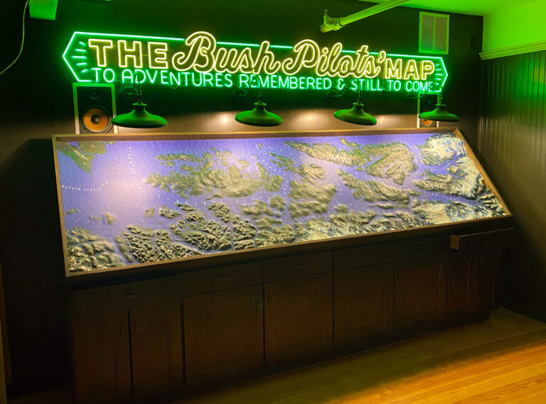 11-foot-long 3D-printed raised-relief map of Southeast Alaska displayed in the lobby of a new restaurant in Ketchikan, featuring nearly 2,000 place names.