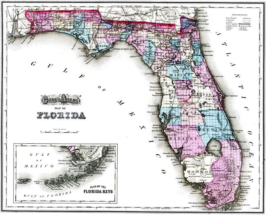 Florida Maps-Historical Grays Atlas Map of Florida 1875