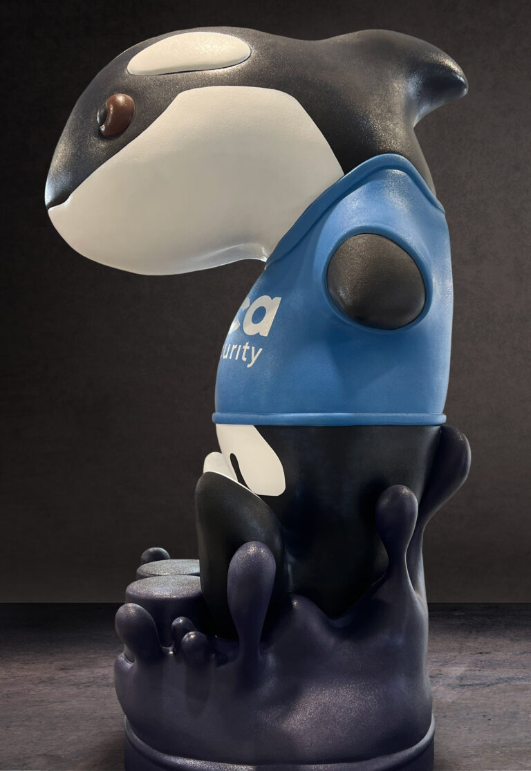 Giant Orca whale company mascot foam statue side view