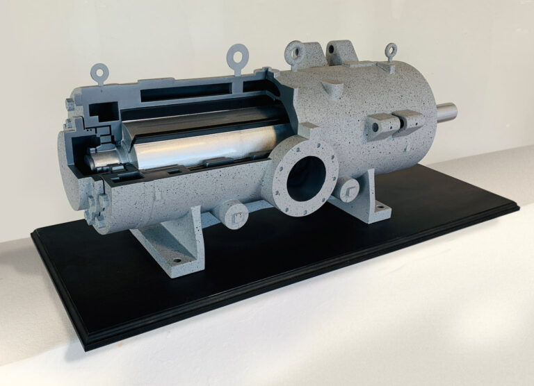 Cutaway miniature 3D Ful-Vane Compressor industrial model fabricated at approximately 30 inches long.
