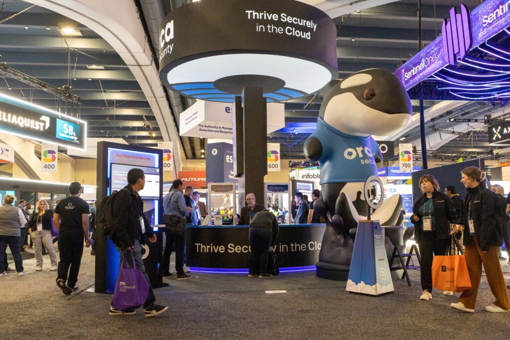 Orca Security Orkie mascot statue at tradeshow