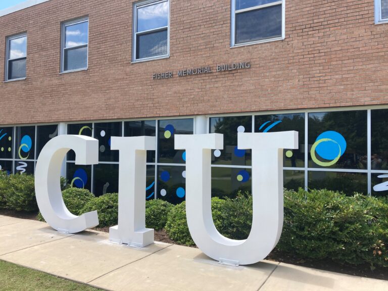 Large CIU metal letters fabricated for the Fisher Memorial Building as a permanent outdoor display.