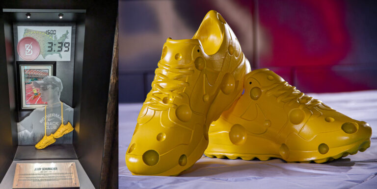 3D printed cheese shoes, a tribute to the University of Oregon Ducks' new track coach, Jerry Schumacher sports event prop.