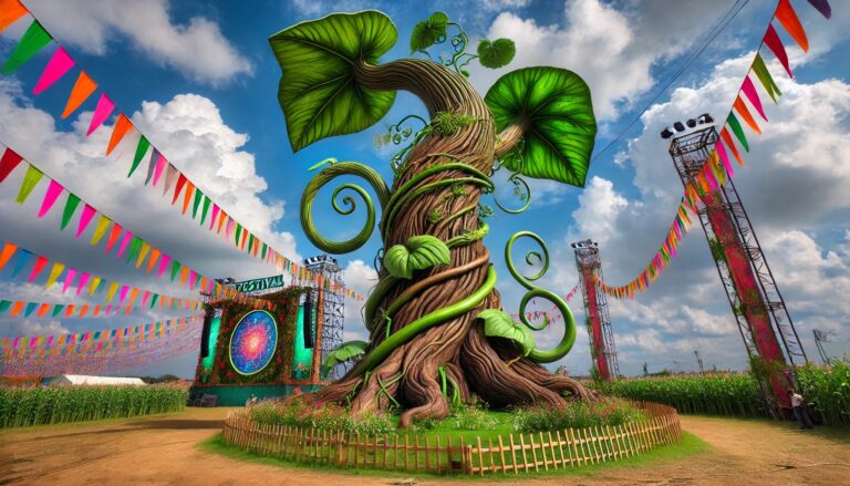 Oversized beanstalk scenic display concept with a broad base