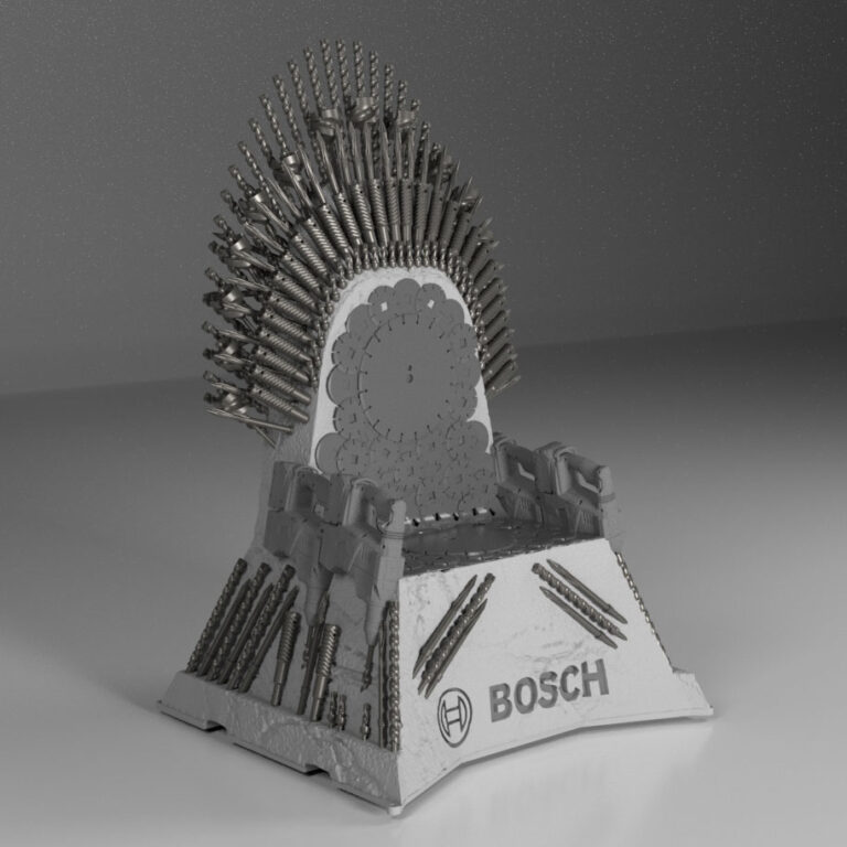 Final digital concept rendering (front) for the custom Bosch concrete and iron throne