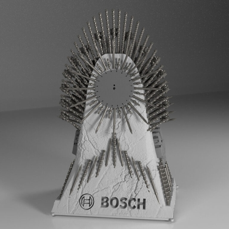 Final digital concept rendering (back) for the custom Bosch concrete and iron throne