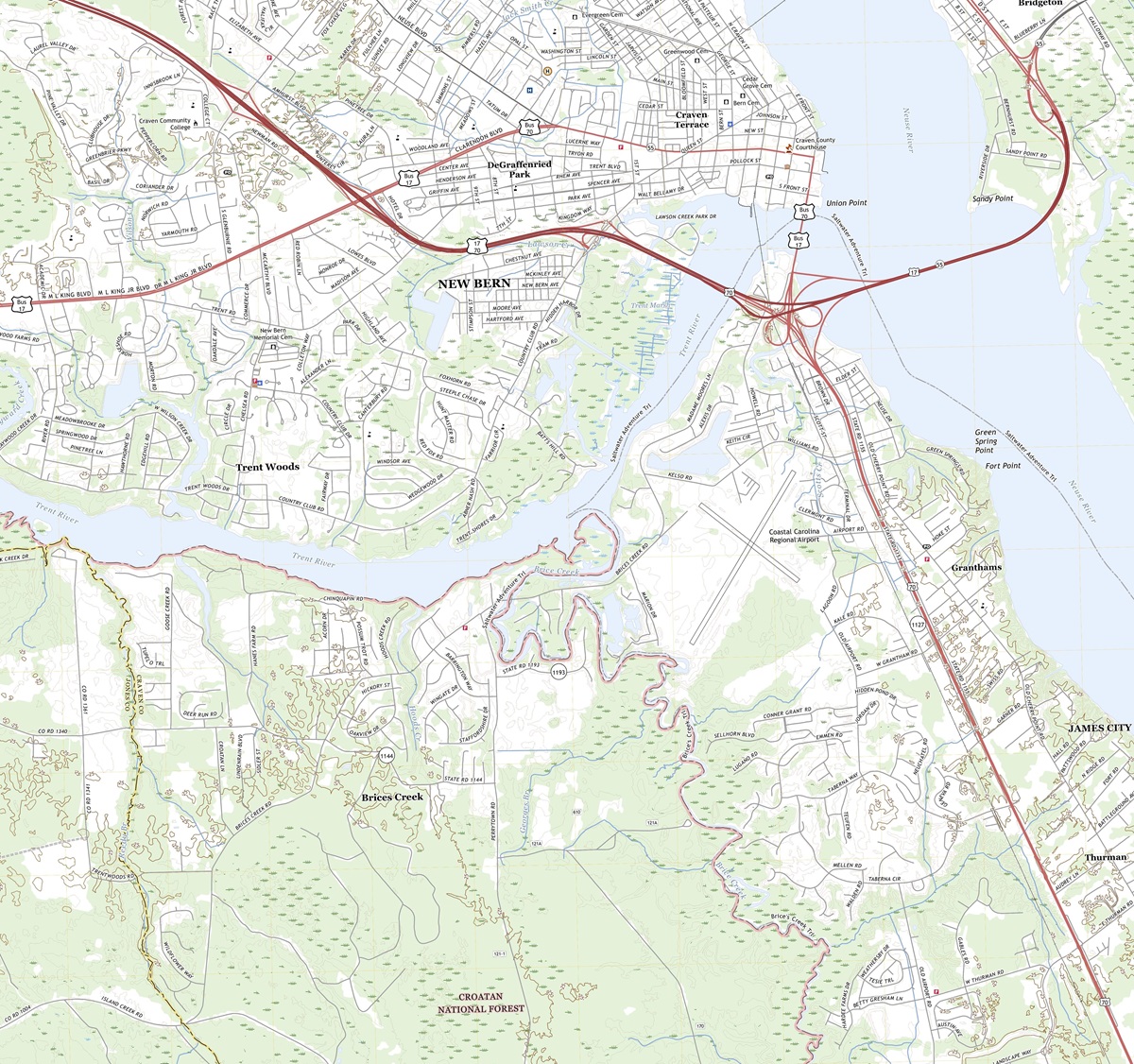 3D Topographic Map of North Carolina-New Bern