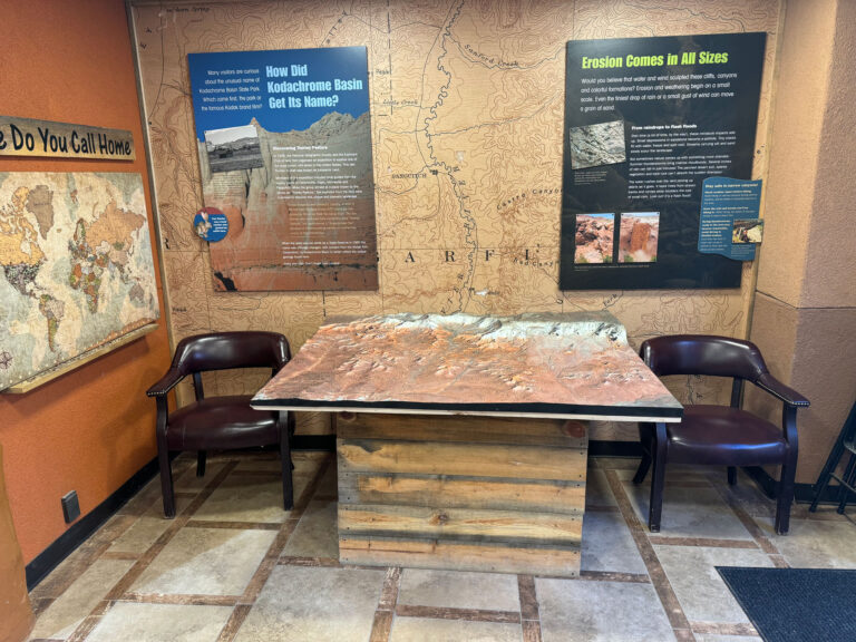 3D raised relief topography map of Kodachrome Basin State Park on display at the visitor center in Southern Utah near Bryce Canyon National Park.