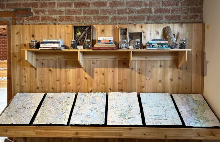 Six 3D raised relief maps of major U.S. National Parks, created with imagery from official National Park Service maps and installed at the Parks Project Store in California.