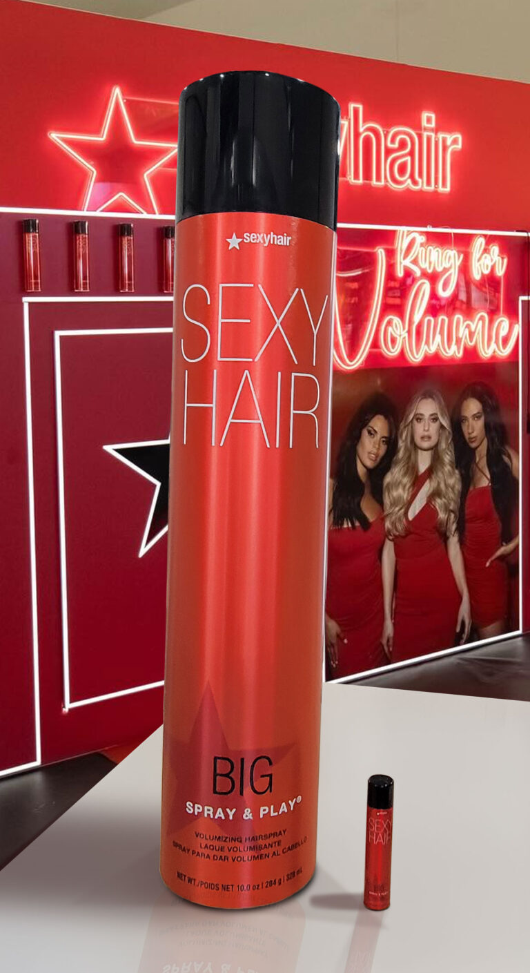 Six-foot Sexyhair hairspray product replica fabricated for trade show and marketing displays.