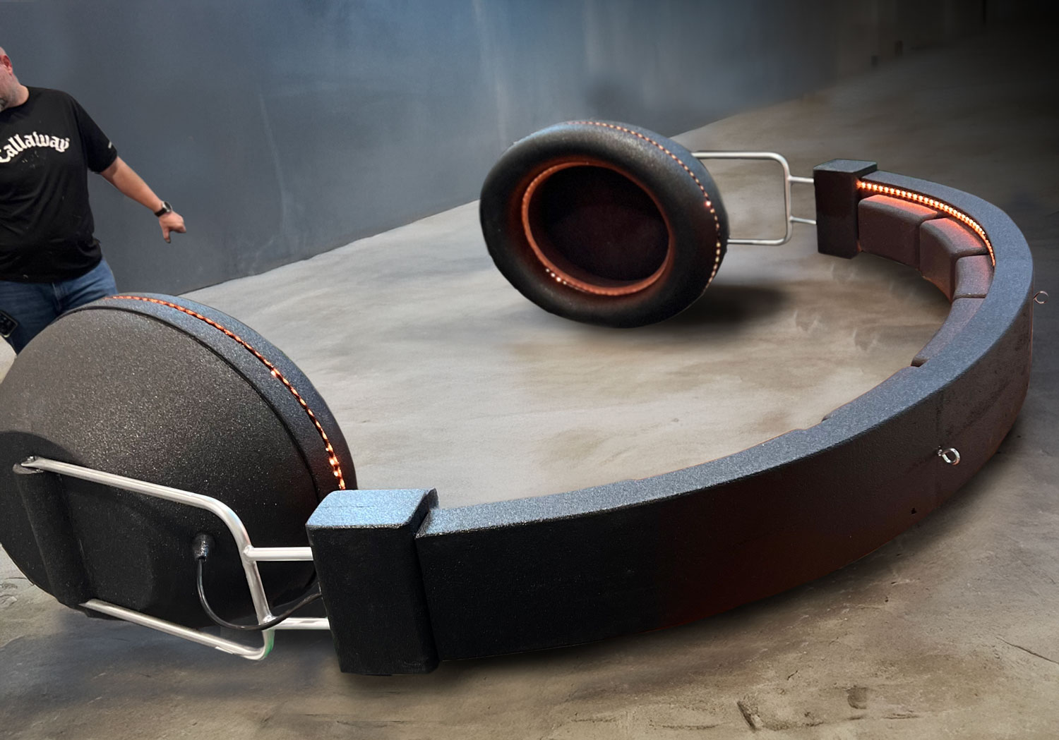Giant illuminated headphones installation fabricated for LVE Expo