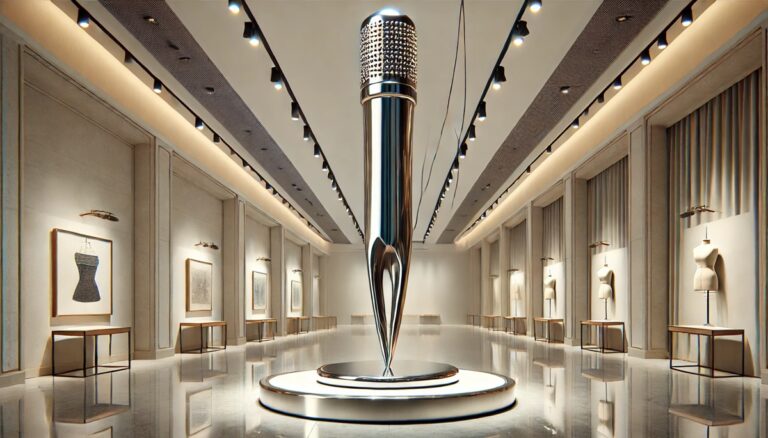 Oversized sewing needle display concept for a fashion setting