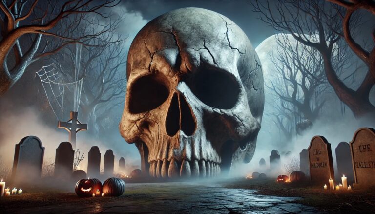 Oversized skull display concept in a theatrical Halloween setting