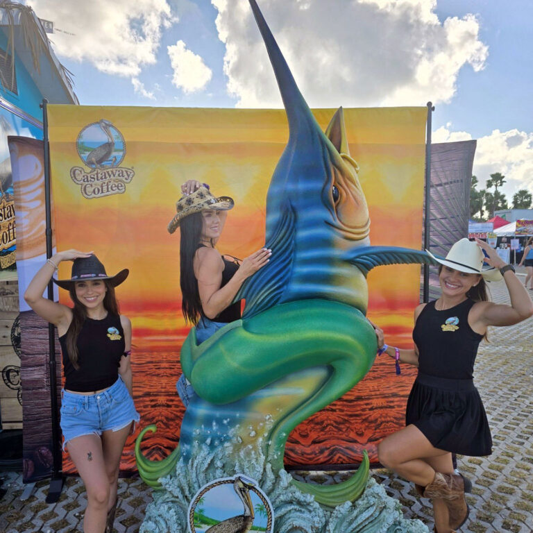 Hand-sculpted 3D logo statue for Castaway Coffee also serves as a photo-op prop at events where attendees as the mermaid top portion.