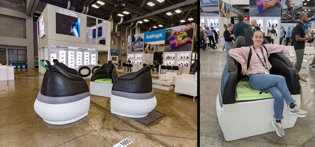 Four OOFOS giant shoe chairs