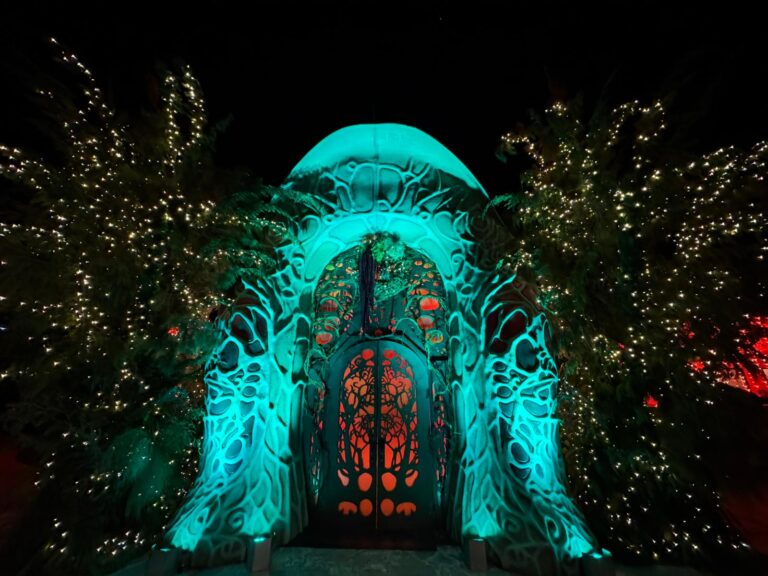 Organic Christmas porte-cochère entrance door decor