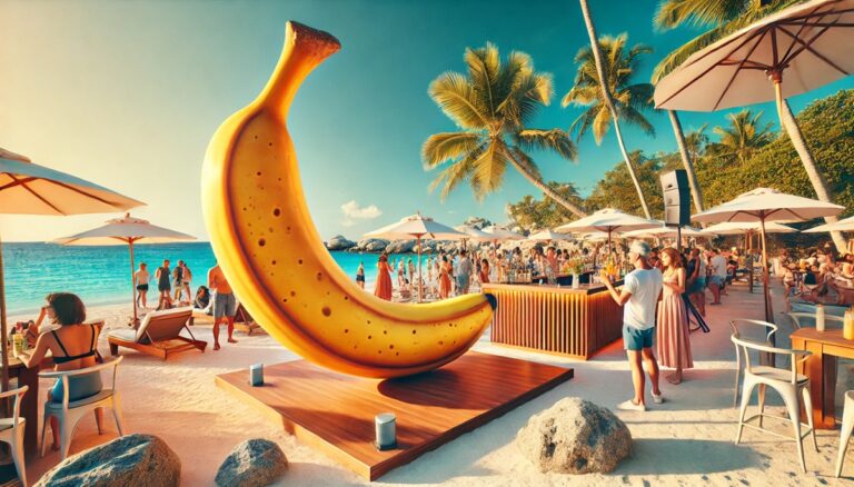 Oversized banana display concept with people nearby