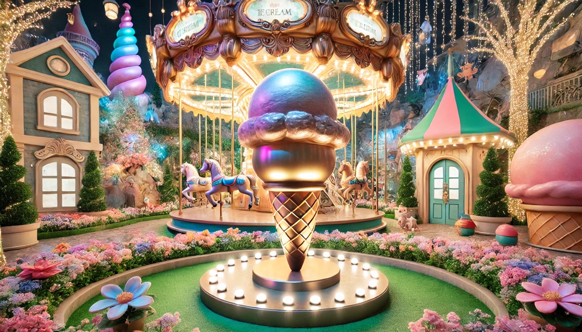 Concept of a giant ice cream scoop with an angled handle
