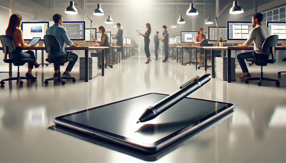 Illustrative giant stylus pen prop positioned diagonally over a tablet-style display