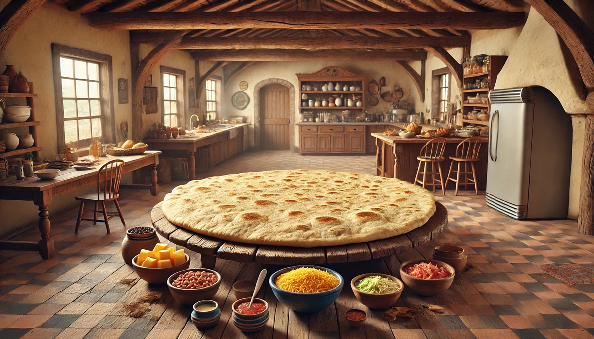 Concept for a giant flat tortilla in a kitchen-like display