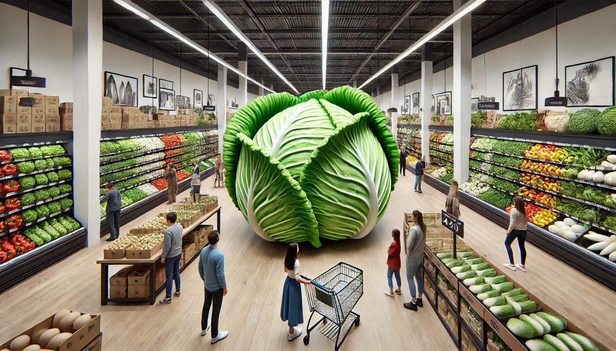 Concept of an oversized leafy vegetable in a market setting