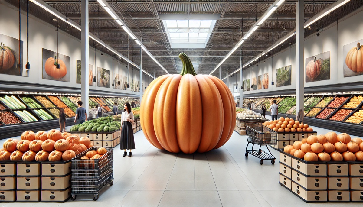 Concept of a giant pumpkin in a produce market