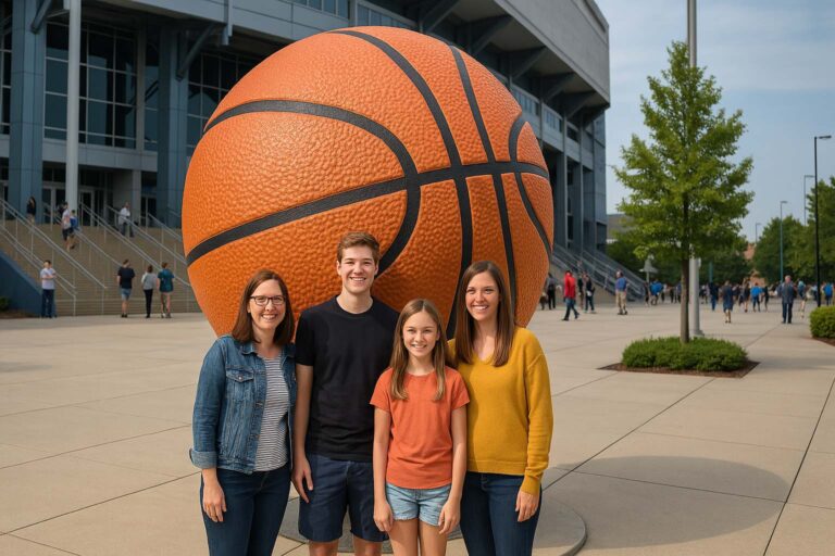 create an image in 16:9 ratio, of a 6 feet tall basketball prop that would be outside a stadium