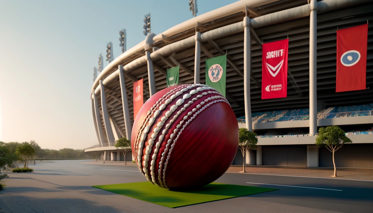 Concept for a giant red cricket ball outside a stadium