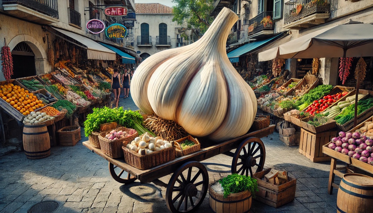 Concept for a giant garlic bulb with segmented cloves and a tapered neck