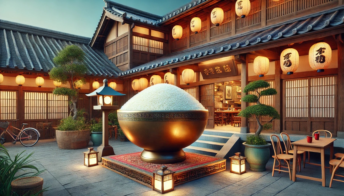Concept for a giant bowl of rice in a cultural market setting