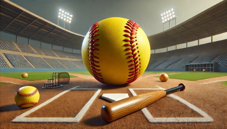 Oversized softball display with prominent red stitching