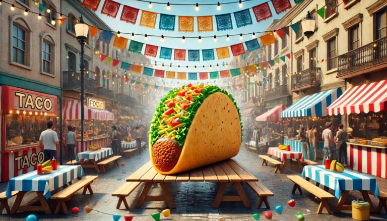Concept for an oversized taco display with simplified colorful fillings