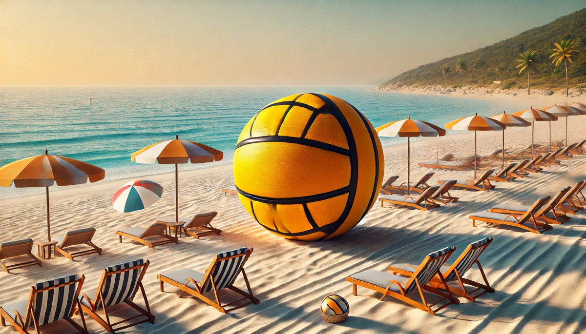 Concept for a giant yellow water polo ball near a beach setting