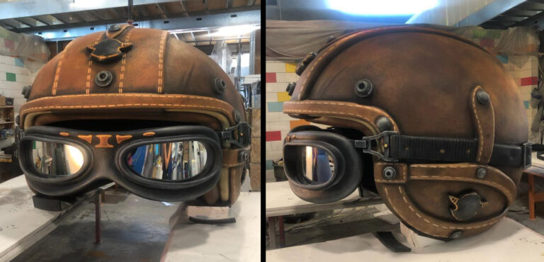 Giant vintage aviator cap and goggles prop was fabricated for an amusement park attraction.