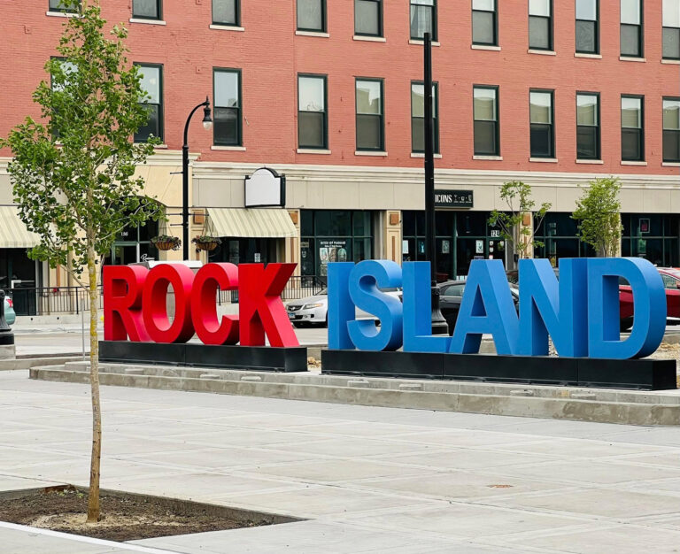 City of Rock Island giant metal letters outdoor lighted landmark