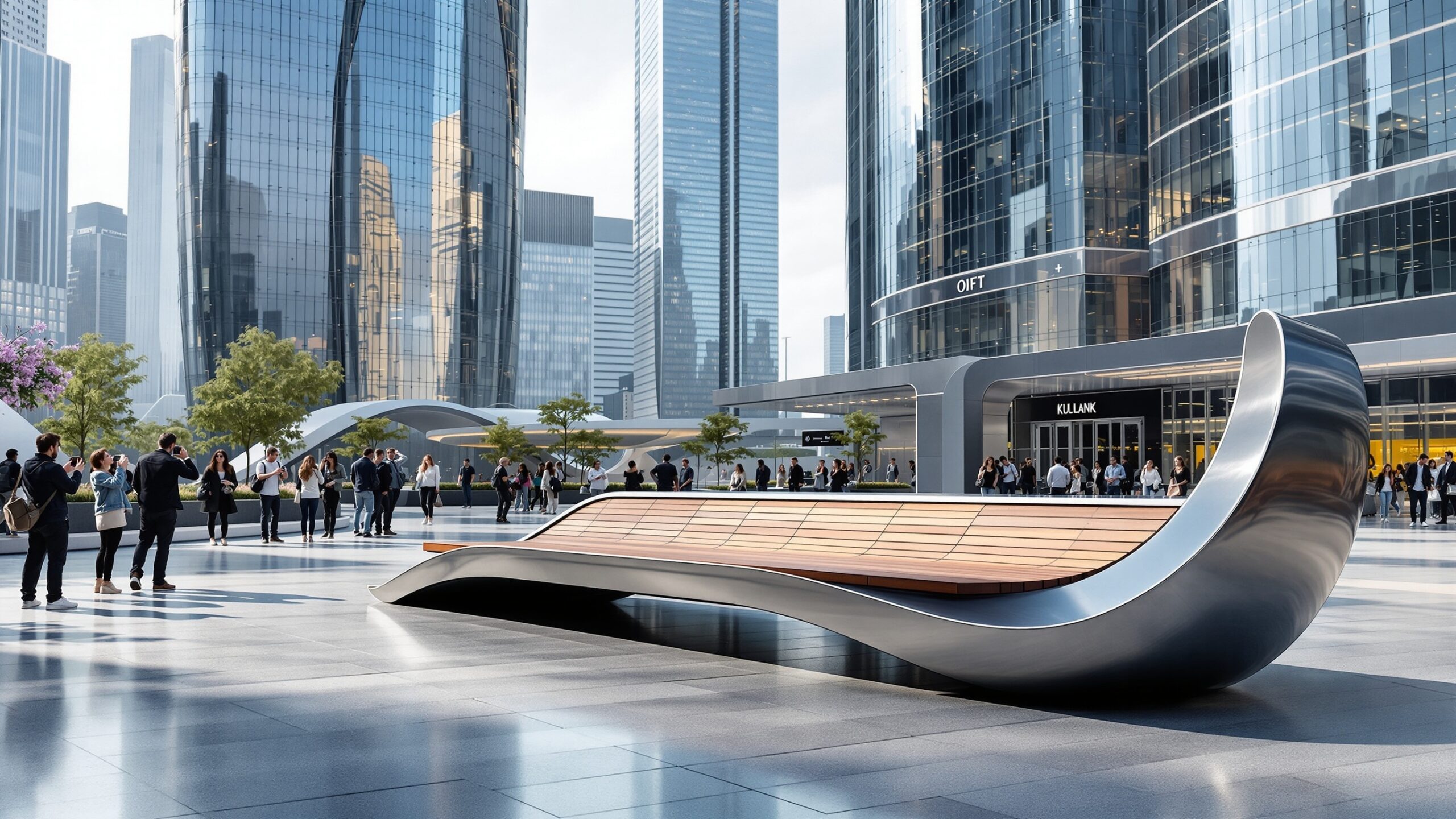 Concept for a sculptural oversized metal bench in a plaza