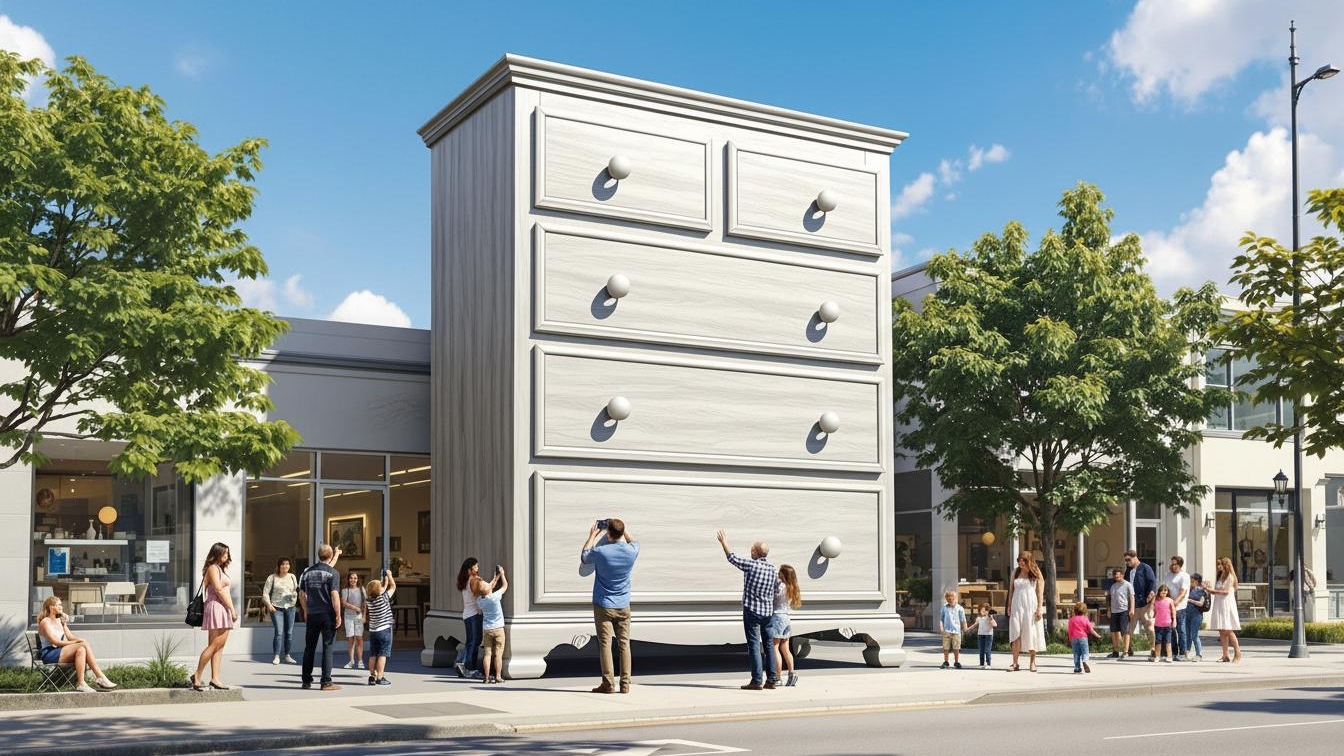 Concept for a giant chest of drawers in a retail setting