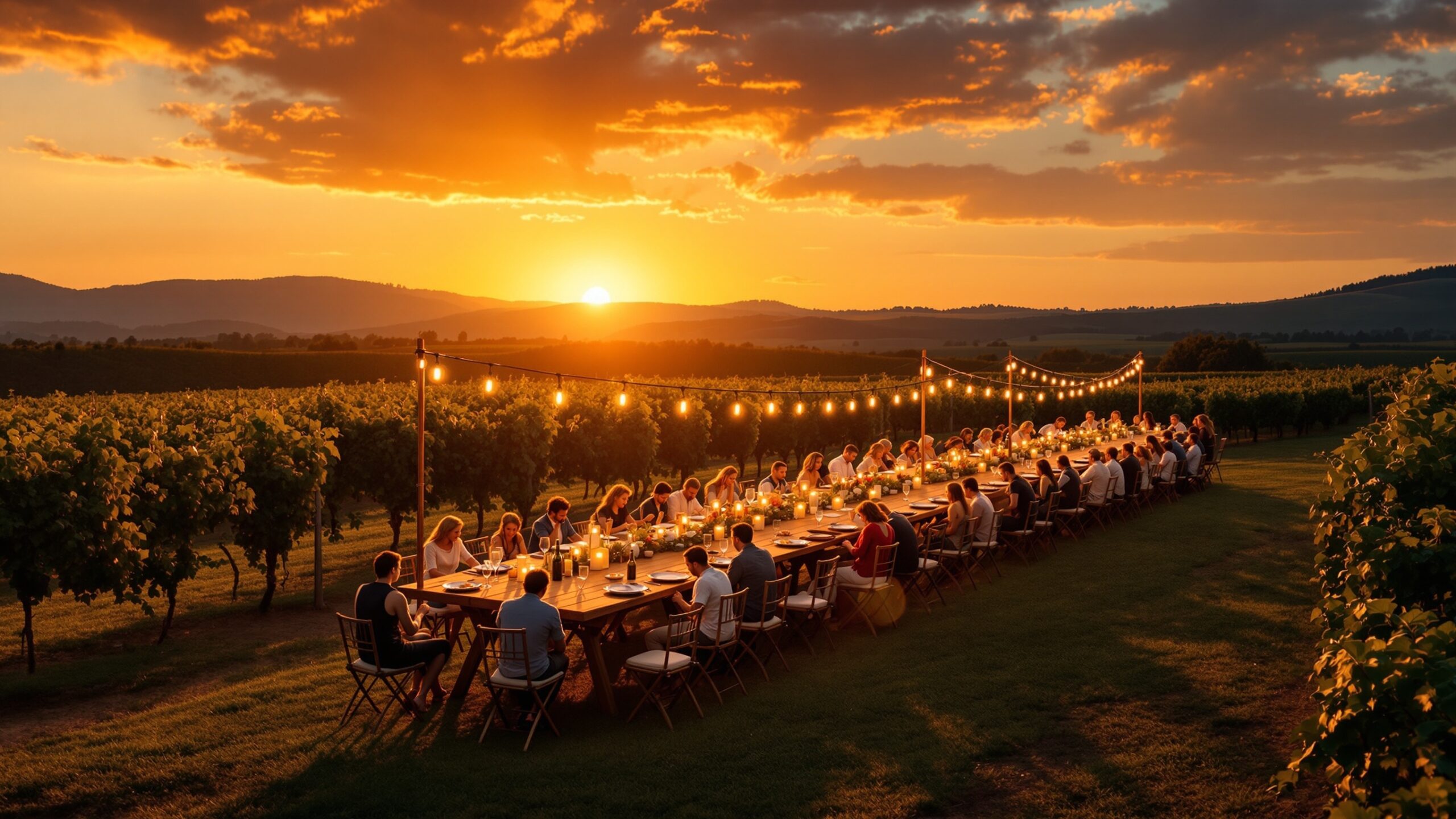 Concept for a giant outdoor dining table at sunset