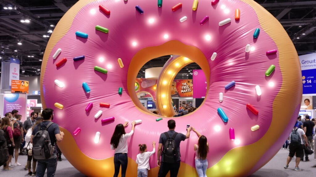 Giant fiberglass donut prop at a convention with visitors.