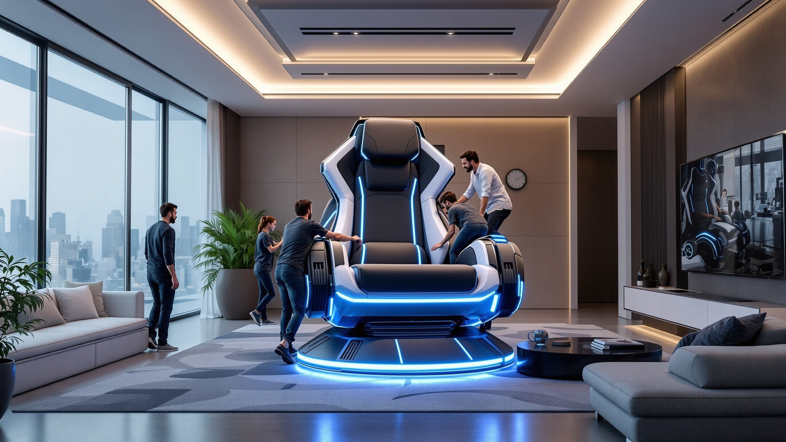 Concept for an oversized blue-accent gaming chair in a technology room