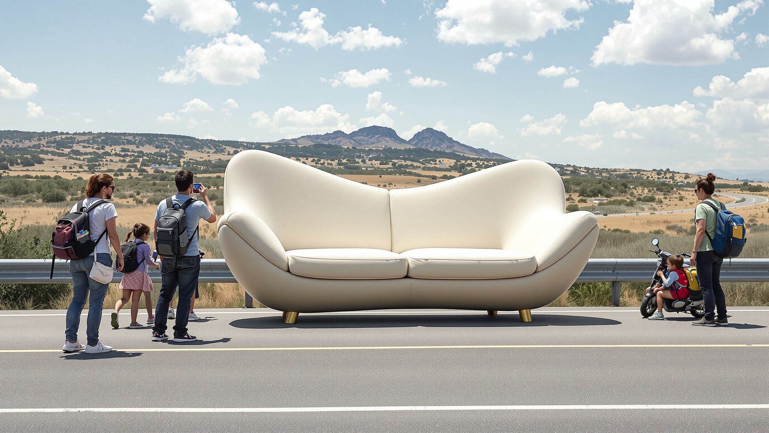 Concept for a giant white loveseat beside standing visitors