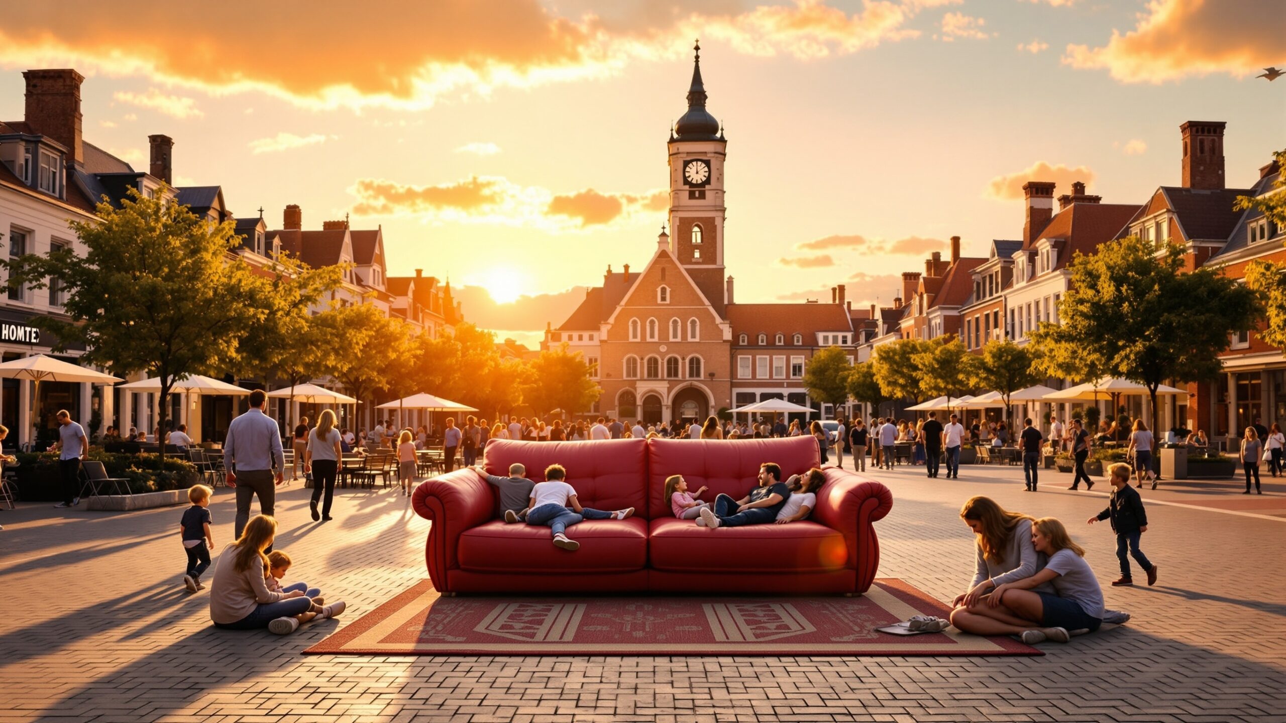 Concept for an oversized red loveseat in a town square